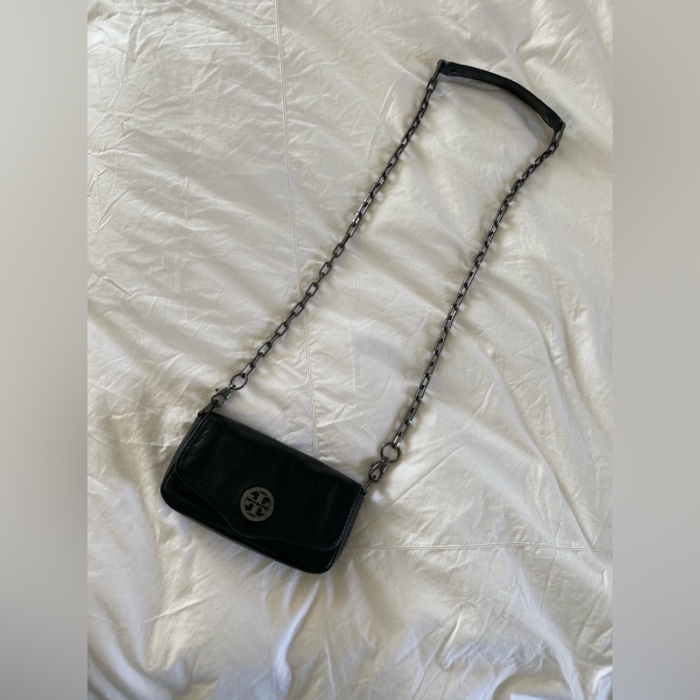 Tory Burch Robinson Black Leather Flap Crossbody Clutch Chain Strap - Excellent - Picture 12 of 13